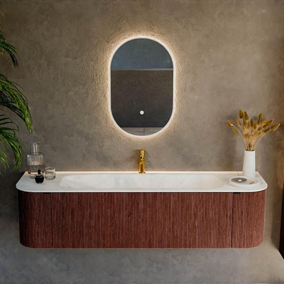 Ensemble de meuble de salle de bain Mondiaz KURVE-DLUX - 170x46x40cm - 1 tiroir - 2 portes - lavabo en solid surface - milieu - 1 trou de robinet - Ruby