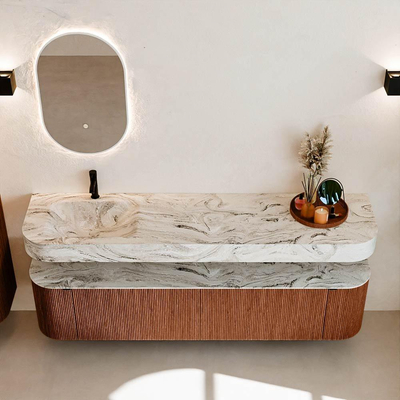 MONDIAZ THOR-DLUX Meuble de salle de bains 190cm arrondi gauche + droite couleur Ruby avec 2 tiroirs et 2 portes. Vasque suspendue CLOUD Gauche 1 trou de robinet couleur Glace.