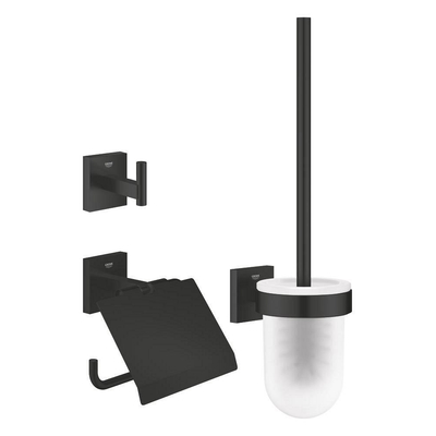 Grohe Start Cube QuickFix Ensemble accessoires 3 parties - porte rouleau WC avec couvercle - crochet porte serviette - brosse toilette avec support en verre - Noir mat