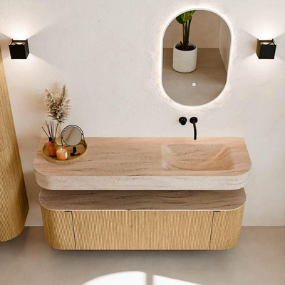MONDIAZ THOR-DLUX 150cm badmeubel ronding links + rechts kleur Oak met 1 lade en 2 deuren. Vrijhangende wastafel CLOUD Rechts zonder kraangat kleur Saba.