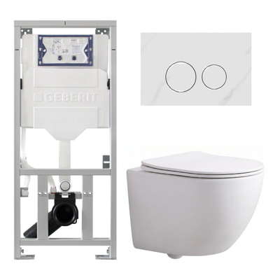 Pack WC QeramiQ Dely Swirl Compact - réservoir encastrable Geberit UP320 - avec bâti-support Burda - abattant slim - plaque de commande en pierre naturelle marbre blanc - boutons ronds - blanc mat