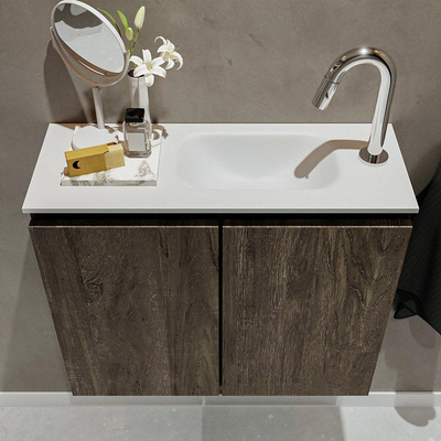 MONDIAZ TURE Fonteinset - 60x23x50cm - 1 kraangat - 2 deuren - dark brown mat - Wasbak rechts - Solid Surface Wit