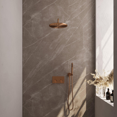 Brauer Copper Edition Douche pluie encastrable - thermostatique - boutons poussoirs - SET 52 - pommeau 30cm - bras mural courbé - douchette stick - flexible - coude mural - Cuivre brossé PVD