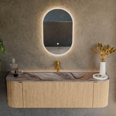 MONDIAZ KURVE-DLUX Meuble de salle de bains 150cm arrondi gauche + droite couleur chêne avec 1 tiroir et 2 portes. Lavabo BIG MEDIUM central 1 trou de robinet Sombra.
