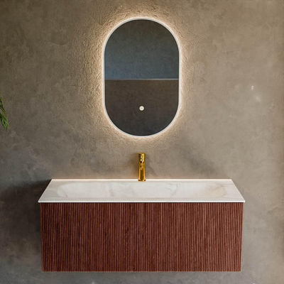 Mondiaz KURVE-DLUX Ensemble de meuble de salle de bains - 110x46x40cm - 1 tiroir - lavabo solid surface - centre - 1 trou de robinet - Ruby