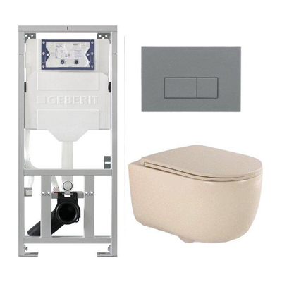 QeramiQ Dely Swirl Pack WC suspendu - 36.3x51.7cm - bâti-support Geberit UP320 - abattant slim - plaque de commande gris clair - boutons rectangulaires - beige