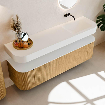 MONDIAZ THOR Meuble de salle de bains 170cm arrondi gauche + droite couleur Oak avec 1 tiroir et 2 portes. Vasque suspendue CLOUD Droite sans trou de robinet couleur Talc.