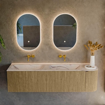 MONDIAZ KURVE-DLUX Meuble de salle de bains 165cm arrondi à droite couleur Dusk avec 2 tiroirs et 1 porte. Lavabo STOR SMALL Double / gauche sans trou de robinet Nata.