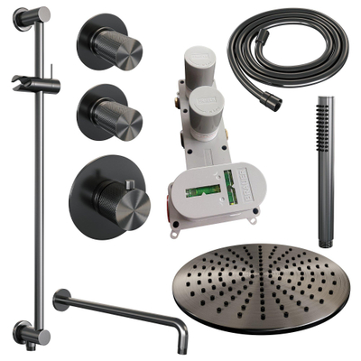 Brauer Gunmetal Carving Ensemble de douche pluie encastré - douche principale 30cm - bras mural - glissière - avec partie encastrable - boutons Carving - douchette à main Barre 1 fonction - PVD - gunmetal brossé
