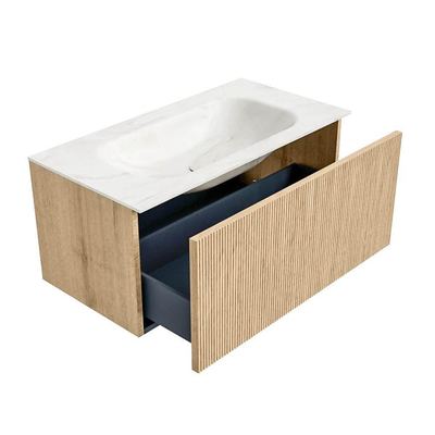 MONDIAZ KURVE-DLUX Meuble de salle de bains 90cm couleur Oak avec 1 tiroir. Lavabo BIG SMALL central sans trou de robinet couleur Ostra.