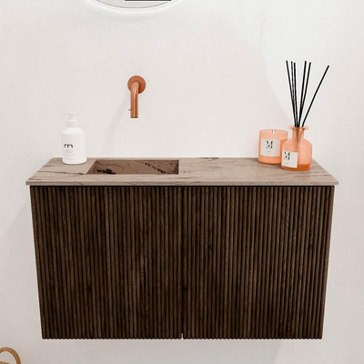 Mondiaz JOYA-DLUX 70cm toiletmeubel - kleur Walnut - Wastafel FAYE positie Links Zonder kraangat kleur Arena.