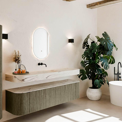 MONDIAZ THOR-DLUX 180cm meuble de salle de bains arrondi gauche + droite couleur Shadow avec 2 tiroirs et 2 portes. Vasque suspendue CLOUD Milieu sans trou de robinet couleur Nata.