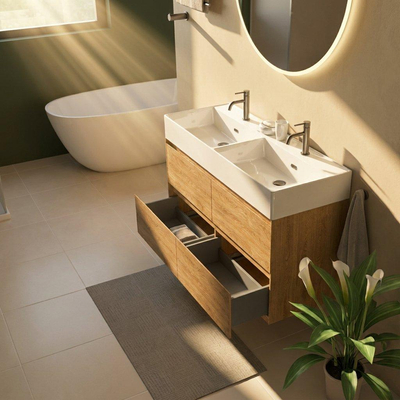 Saniclass Holz Pure Ensemble meuble de salle de bains - 120x45x72cm - Legend vasque en céramique blanc - 2 lavabos - 2 trous de robinetterie - 4 tiroirs - chêne naturel mat (bois)