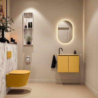 MONDIAZ TURE-DLUX Meuble toilette - 60cm - Ocher - EDEN - vasque Glace - position gauche - 1 trou de robinet