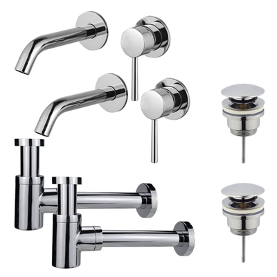 FugaFlow Eccelente Sobrado Slim Kit robinet lavabo - pour double vasque - robinet rehaussé - bonde clic clac - siphon design bas - Chrome brillant