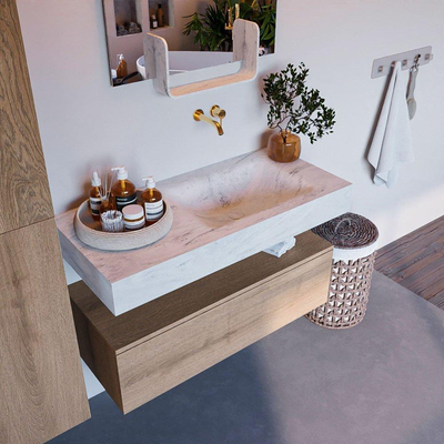 MONDIAZ ALAN - DLUX Badkamermeubelset - 100cm - onderkast - Washed Oak - 1 lade - vrijhangende wastafel - wasbak rechts - 0 kraangaten - Opalo