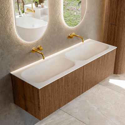 MONDIAZ KURVE 140cm Meuble salle de bain - couleur Walnut - 2 tiroirs - vasque BIG SMALL double - sans trous de robinet - Talc