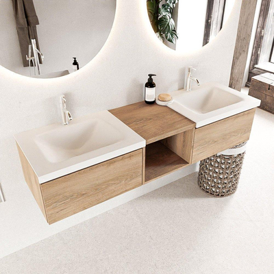 Mondiaz BUKLA badkamermeubelset 160x45x34cm 2 kraangaten 2 wasbakken solid surface Talc greeploos 2 lades met softclose Melamine Washed Oak