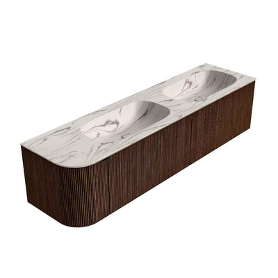 MONDIAZ KURVE-DLUX meuble de salle de bains 175cm arrondi à gauche couleur noyer avec 2 tiroirs et 1 porte. Lavabo STOR SMALL double / droite sans trou de robinet Nata.