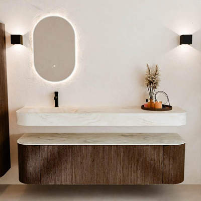 MONDIAZ THOR-DLUX 170cm badmeubel ronding links + rechts kleur Walnut met 1 lade en 2 deuren. Vrijhangende wastafel CLOUD Links 1 kraangat kleur Ostra.