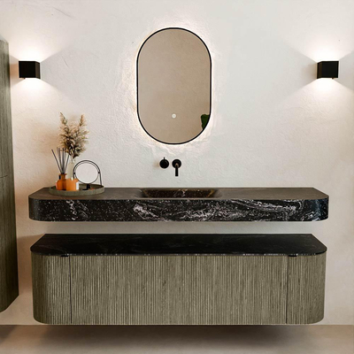 MONDIAZ THOR-DLUX 170cm meuble de salle de bains arrondi gauche + droite couleur Shadow avec 1 tiroir et 2 portes. Vasque suspendue CLOUD Milieu sans trou de robinet couleur Lava.