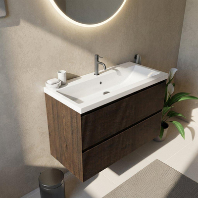 Saniclass Holz Atelier Ensemble meuble de salle de bains - 100x45x63.5cm - Bari lavabo en céramique blanc - 1 vasque - 1 trou de robinet - 2 tiroirs - chêne charcoal mat (bois)