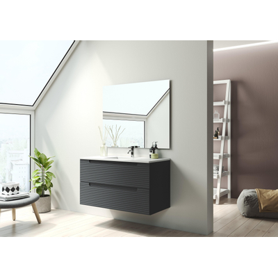 Saniclass Prime Balance Meuble de salle de bain - 100x55x45cm - 1 vasque ovale en céramique blanc - 1 trou de robinet - 2 tiroirs - miroir rectangulaire - mat anthracite