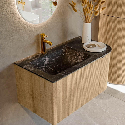 MONDIAZ KURVE-DLUX 85cm badmeubel met module 25 R kleur Oak met 1 lade en 1 deur. Wastafel CLOUD links 1 kraangat kleur Lava.