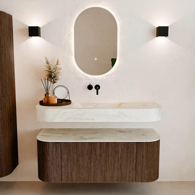 MONDIAZ THOR-DLUX 120cm badmeubel ronding links + rechts kleur Walnut met 1 lade en 2 deuren. Vrijhangende wastafel CLOUD Midden zonder kraangat kleur Ostra.