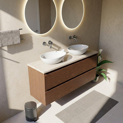 Saniclass Holz Pure Ensemble de meubles de salle de bains - 140x45x63cm - plan de travail en pierre naturelle travertin - sans trou de robinet - 4 tiroirs - walnut pure mat (bois)