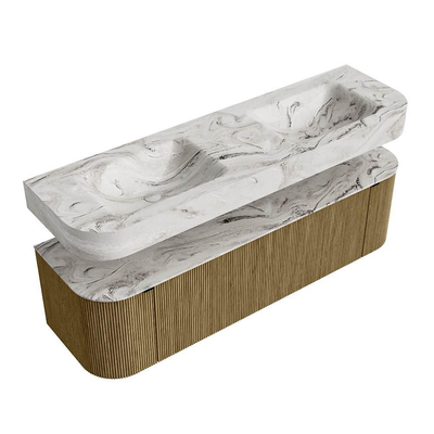 MONDIAZ THOR-DLUX 160cm meuble de salle de bains arrondi gauche + droite couleur Dusk avec 1 tiroir et 2 portes. Vasque suspendue CLOUD Double sans trou de robinet couleur Glace.