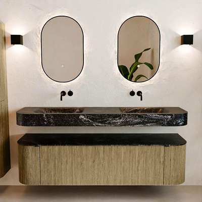 MONDIAZ THOR-DLUX 170cm meuble de salle de bains arrondi gauche + droite couleur Dusk avec 1 tiroir et 2 portes. Vasque suspendue CLOUD Double sans trou de robinet couleur Lava.