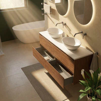 Saniclass Holz Pure Ensemble de meubles de salle de bains - 160x45x62.5cm - Plan de travail Torino en solid surface blanc - sans trou de robinet - 4 tiroirs - walnut pure mat (bois)