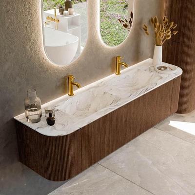 MONDIAZ KURVE-DLUX 170cm badmeubel met module 25 Len R kleur Walnut met 1 lade en 2 deuren. Wastafel LEAF dubbel 2 kraangaten kleur Glace.