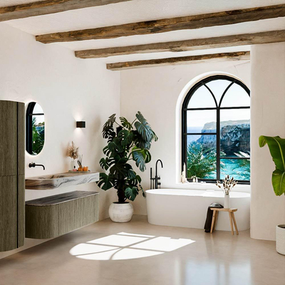 MONDIAZ THOR-DLUX 140cm meuble de salle de bains arrondi gauche + droite couleur Shadow avec 1 tiroir et 2 portes. Vasque suspendue CLOUD Gauche sans trou de robinet couleur Sombra.