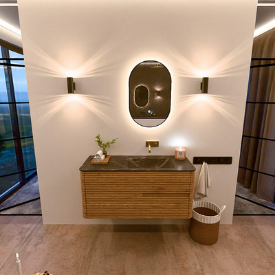 Mondiaz CIRO-DLUX Ensemble de meubles de salle de bains - 110x45x50cm - Vasque solid surface Lava - 1 vasque à droite - sans trous de robinet - 2 tiroirs - Chêne