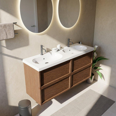 Saniclass Holz Frame Ensemble meuble de salle de bains - 140x45x63.5cm - lavabo en céramique Palermo blanc - 2 vasques - 2 trous de robinetterie - 4 tiroirs - walnut pure mat (bois)