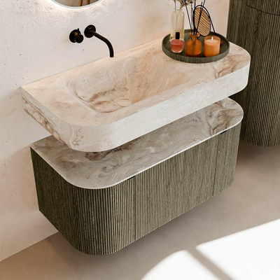 MONDIAZ THOR-DLUX 100cm meuble de salle de bains arrondi gauche + droite couleur Shadow avec 1 tiroir et 2 portes. Vasque suspendue CLOUD Gauche sans trou de robinet couleur Frappe.