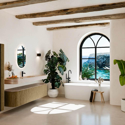 MONDIAZ THOR-DLUX Meuble de salle de bains 190cm arrondi gauche + droite couleur Dusk avec 2 tiroirs et 2 portes. Vasque suspendue CLOUD Milieu 1 trou de robinet couleur Saba.