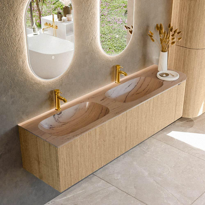 MONDIAZ KURVE-DLUX Meuble de salle de bains 175cm arrondi Droite couleur Oak avec 2 tiroirs et 1 porte. Lavabo STOR SMALL Double / Gauche 2 trous de robinet Arena.