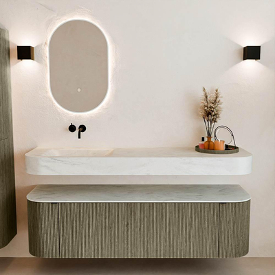 MONDIAZ THOR-DLUX 160cm meuble de salle de bains arrondi gauche + droite couleur Shadow avec 1 tiroir et 2 portes. Vasque suspendue CLOUD Gauche sans trou de robinet couleur Opalo.