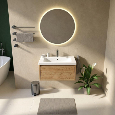 Saniclass Holz Frame Ensemble meuble de salle de bains - 80x45x43.5cm - lavabo en céramique Palermo blanc - 1 vasque - 1 trou de robinetterie - 1 tiroir - chêne naturel mat (bois)