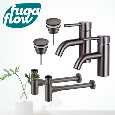 FugaFlow Eccelente Sobrado Badkamer Wastafelkraanset - voor dubbele wastafel - lage wastafelkraan - klikwaste plug - design sifon - PVD Gepolijst Gunmetal