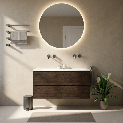 Saniclass Holz Pure Ensemble de meubles de salle de bains - 120x45x77.5cm - Lavabo Torino en solid surface blanc - sans trou de robinetterie - 4 tiroirs - chêne charcoal mat (bois)
