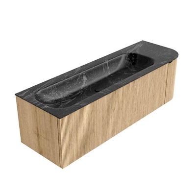 MONDIAZ KURVE-DLUX meuble de salle de bains 145cm avec module 25 R couleur chêne avec 1 tiroir et 1 porte. Vasque BIG LARGE gauche sans trou de robinet couleur lave.