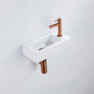 QeramiQ Lave-mains Kit lave-mains - 37.5x18.5x9cm - céramique - trou de robinet à droite - robinet lave-mains en cuivre brossé - bonde de vidage - siphon abaissé - Mat blanc