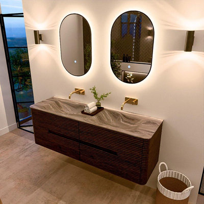 Mondiaz CIRO-DLUX Ensemble de meubles de salle de bains - 150x45x50cm - Vasque en solid surface Sombra - 2 vasques double - sans trous de robinet - 4 tiroirs - Noyer