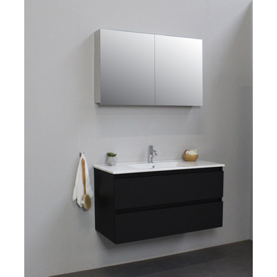 Basic Bella Meuble salle de bains avec lavabo céramique Blanc avec armoire toilette 2 portes gris 100x55x46cm 1 trou de robinet Noir mat