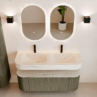 MONDIAZ THOR-DLUX 130cm meuble de salle de bains arrondi gauche + droite couleur Shadow avec 1 tiroir et 2 portes. Vasque suspendue CLOUD Double 2 trous de robinet couleur Meli.