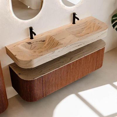 MONDIAZ THOR-DLUX 150cm meuble de salle de bains arrondi gauche + droite couleur Ruby avec 1 tiroir et 2 portes. Vasque suspendue CLOUD Double 2 trous de robinet couleur Arena.